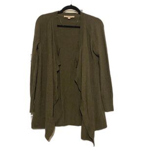 LOFT size XS Wool Viscose Blend Army Green Open Front Waterfall Cardigan